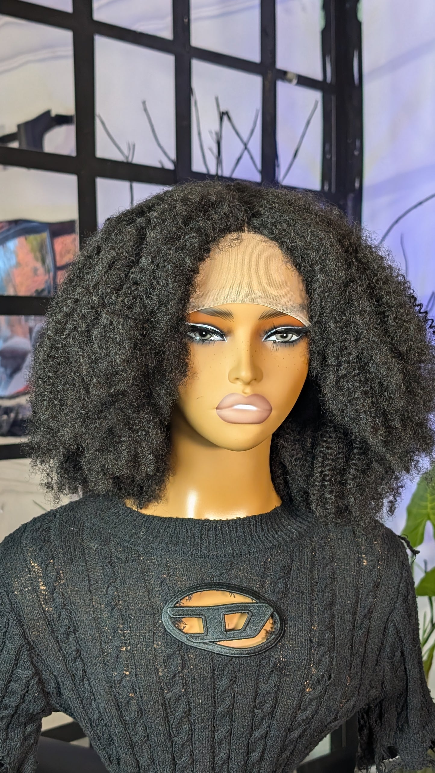 Black American Afro Kinky Curly Glueless 6x1 closure Front Human Hair Wig